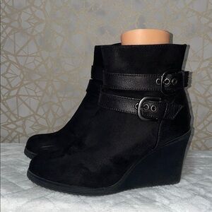 WHIT MT Black Suede Wedge Booties with Buckle Strap